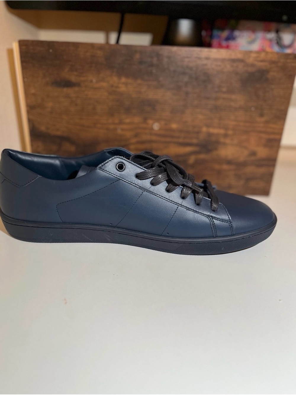 Saint Laurent Sl/01 Leather Low Trainer Sneakers Slim Navy Blue sz 46 - Picture 3 of 5
